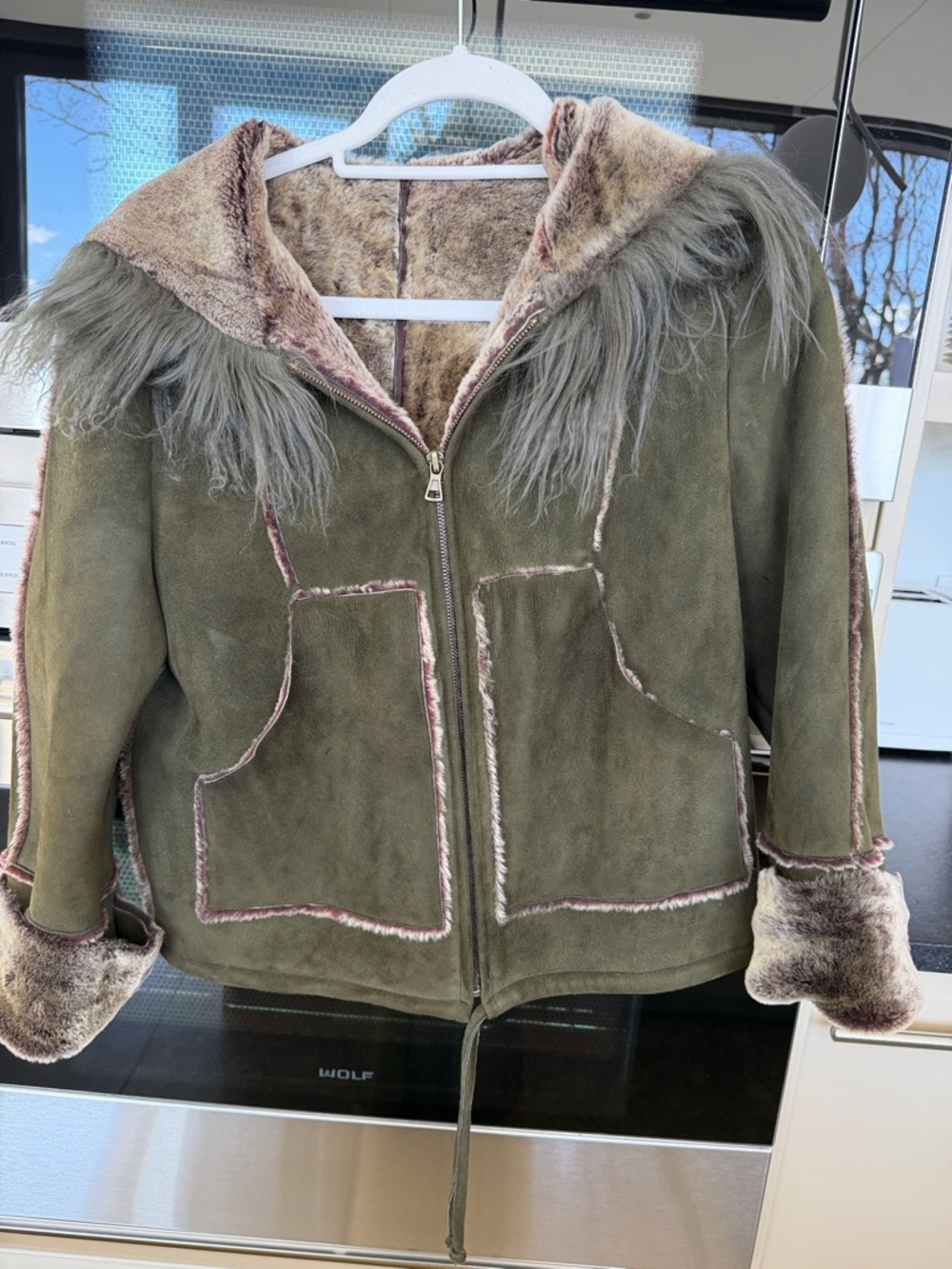 Emanuel Ungaro Olive Green Faux Shearling Bomber Jacket